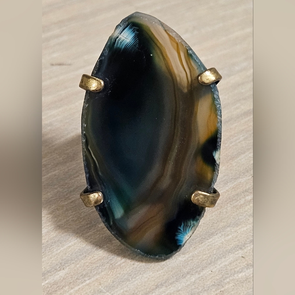 BLUE AGATE GEMSTONE BRASS ADJUSTABLE RING